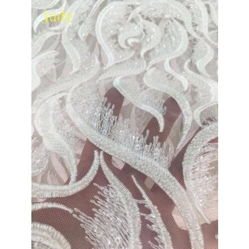 5yards White embroidery lace sequined beads fashionable European and American style fabric used for wedding dress design