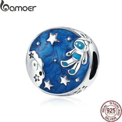 BAMOER Blue Enamel Round Beads Silver 925 Space Galaxy Astronaut Charm fit for European Fashion Brand Bracelet 3mm SCC1148