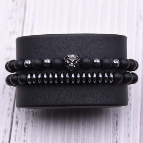 KANGKANG 2PCS/set 2019 charm 8mm Matte Black bead Bracelets For Men&Women Micro pave CZ Lion head Bracelet Jewelry Bijoux