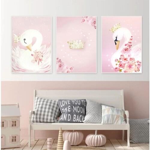 Decorative Pink Picture Kids Girl Room Decoration Swan Princess Posters Canvas Painting Baby Girls Room Wall Art Prints Nursery
