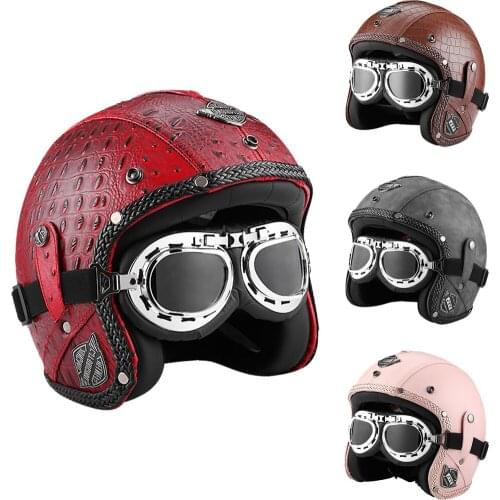 DOT Approved Vintage PU leather 3/4 Motorcycle Jet Helmet Cafe Racer Retro Scooter Motocross Open Face Capacete With Goggle