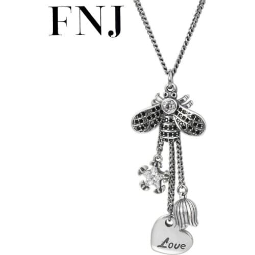 FNJ Bee Pendant Necklace 925 Silver 60cm Fine Vintage Original S925 Silver Women Necklaces for Jewelry Making