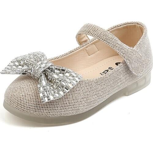Girls Hot Rhinestone Bowknot Fashion Small Leather Shoes Children Flat Shoes 2021 New Autumn Girls Princess Shoes Soft Sole