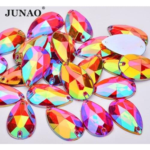 JUNAO 100pcs 17x28mm Glitter Red AB Crystal Rhinestone Flatback Teardrop Strass Sewing Large Crystal Stones for Clothing Crafts