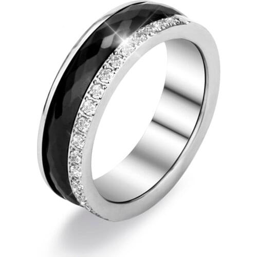 New Modern Fashion 6mm Wide Black White Ceramic Ladies Rings With Round Circle Shiny Crystal For Women Girls Cool Jewelry Gifts