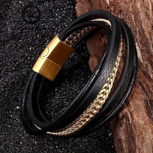 Fashion Multi-Layer Stainless Steel Chain Combination Leather Bracelets Mens Charm Handmade Bangle Magnetic Clasp Jewelry Gifts