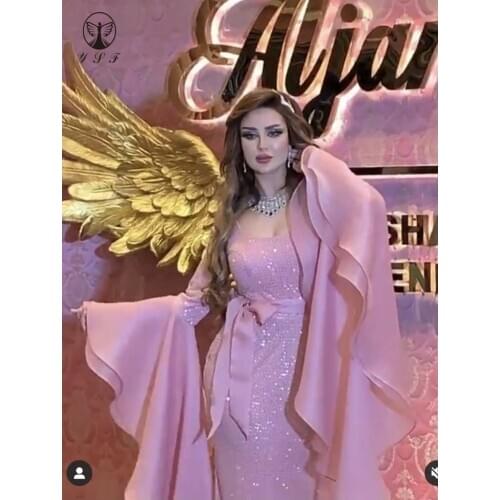 Fashion Hot Pink Square Bling Bling Glitter Fabric Long Sleeve Straight Floor Length Prom Dresses