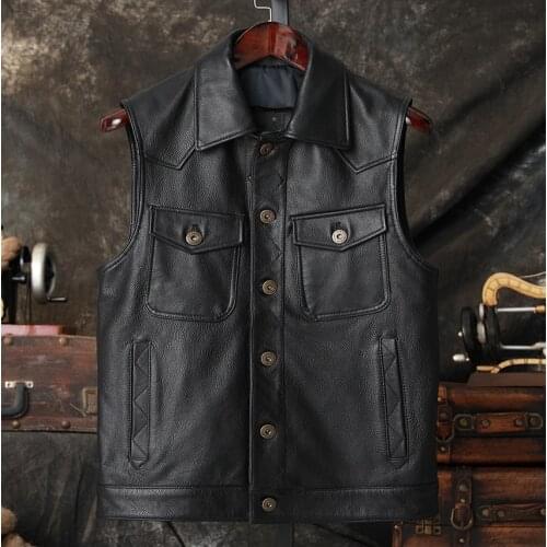 Mens Motorcycle Leather Vest Genuine Leather Motor Biker Waistcoat Turndown Collar Tough Man Cowhide Sleeveless Jackets