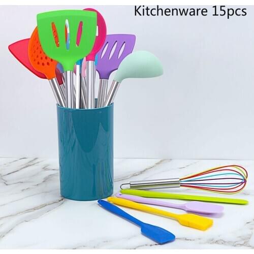 With Storage Bucket 15 Pcs/set Silicone Handle Kitchenware Set Practical To Clip Egg Beater Shovel Leaking Spoon Cooking Tool