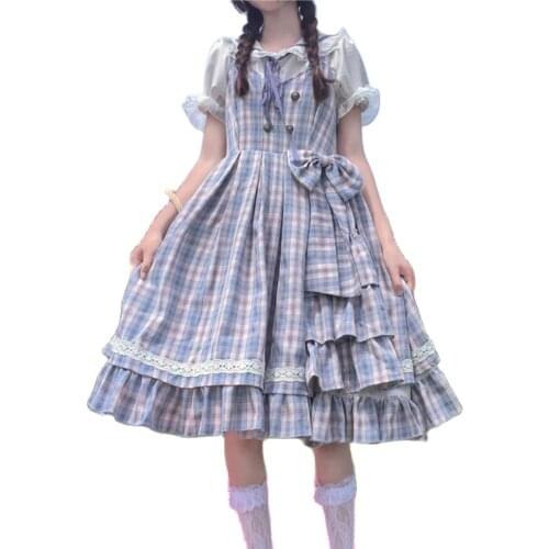 New Japanese Lolita Daily Doll Collar Short-Sleeved With Slim Plaid Dungaree Dress Womens Summer Fairy Kei Lolita Dress
