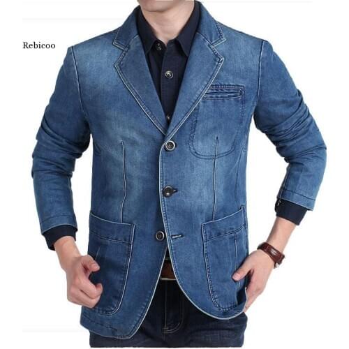 New Mens Denim Blazer Men Fashion Cotton Vintage Suit Jacket 4XL Male Blue Coat Denim Jacket men slim fat Jeans Blazers