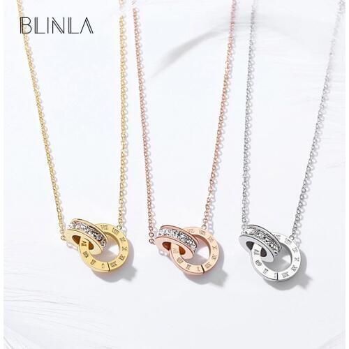 BLINLA New Korean Luxury Crystal Gold Necklaces for Women Double Round Stainless Steel Roman Numeral Wedding Pendant Necklace