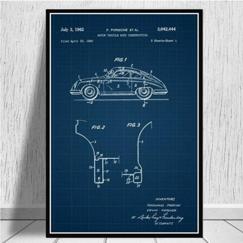 Poster Prints 1962 Classic 911 Car Blueprint Retro Vintage Art Painting Wall Art Canvas Wall Pictures For Living Room Home Decor