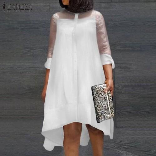 2PC Fashion Women Mesh Dress Summer Elegant O Neck 3/4 Sleeve Solid Sundress ZANZEA Knee-length Vestidos Robe Femme