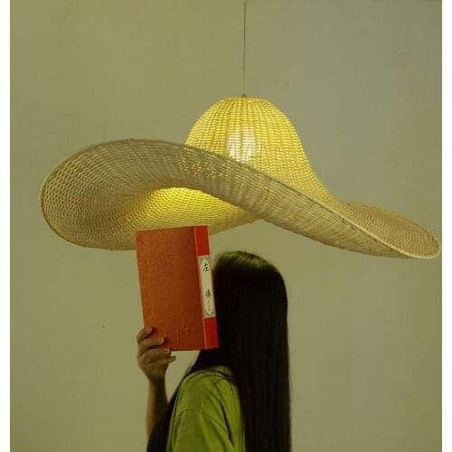 Rattan Straw Hat Pendant Light Creative Restaurant Living Room Hanging Lamp Design Asian Art Home Decor Lighting Fixture