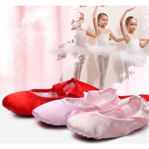 Slippers Gym Teacher Yoga Dance Shoes for Girls Children Satin Red Pink Flesh Kids Ballet Shoe with Ribbon