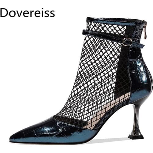 Dovereiss Fashion Womens Shoes summer concise clear heels sexy New Mesh Pointed toe Stilettos heels Back zipper Ankle boots
