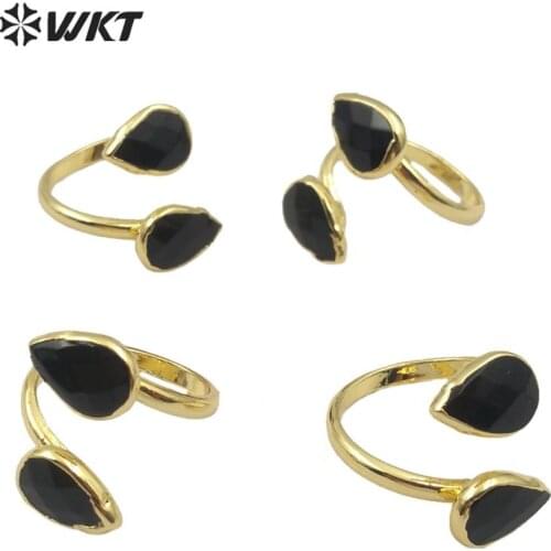 WT-R348 WKT Natural Stone Ring Water Drop Shape Black Stone Ring Gold Electroplated Adjustable Womens Fashion Ring Jewelry