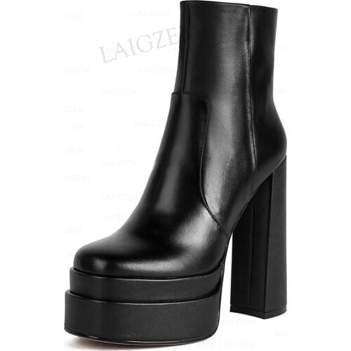 LAIGZEM Women Ankle Boots Real Leather Quality Chunky High Heels Zip Up Platform Short Booties Ladies Shoes Woman Size 37 39 40