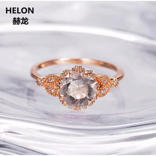 Solid 14k Rose Gold 7mm Round Cut Natural Morganite Engagement Ring Natural Diamonds Wedding Women Ring Art Deco Vintage