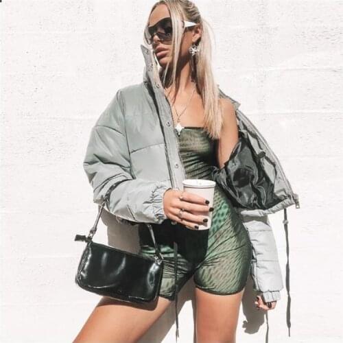 2019 New Autumn Winter Women Casual Warm Short Coat Women Sliver Long Sleeve Turtleneck Reflecting light Short Coat