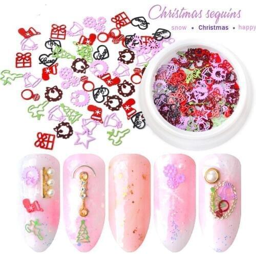 1 Box 3D Ultra-thin Metal Slices Nail Art Sequins Mix Ring Bell Elk Snowflake Colorful Flakes Christmas Decorations Manicure DIY