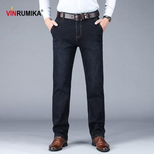 2020 Mens Spring Business Casual Brand High Quality Straight Cotton Jeans Autumn Think Black Long Trousers Man Denim Blue Pants