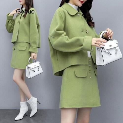 2020 New Autumn And Winter Women Fashion Solid Skirts Suits Single Breasted Tweed Jacket And Mini Skirt Elegant 2 Peice Set