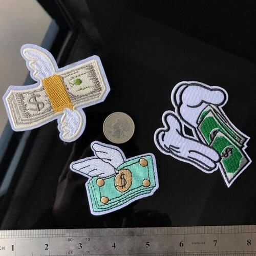 50pcs/lot Embroidery Patch Flying Lucky Wings Dollar Hands Counting Money Clothing Decoration Diy Iron Heat Transfer Applique