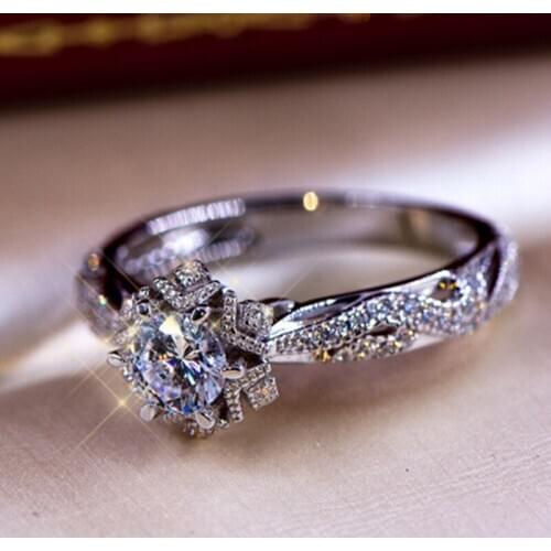 Bamos Cute Female Girls White Round Wedding Ring Luxury Silver Color CZ Stone Ring Promise Engagement Rings for Women