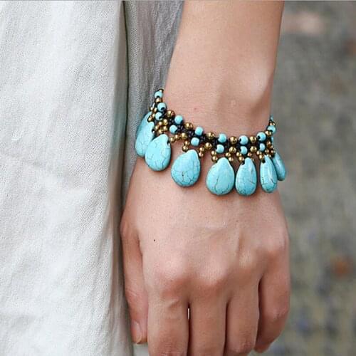Bohemian Wax Thread Hand-Woven Bracelet Retro Personality Drop-Shaped Turquoise Bracelets On Hand Chain Bangles Jewelry Female