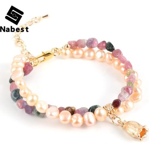 Fashion Women Natural Stone Irregular Tourmaline Bracelet Double Layers Baroque Freshwater Pearls Beaded Flower Charm Jewelry