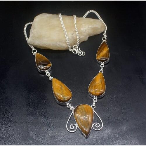 Gemstonefactory Jewelry Big Promotion 925 Silver Natural Gold Tigers Eye Charms Ladies Women Chain Necklace 48cm 202101692