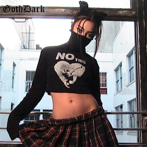 Goth Dark Punk Grunge Graphic Print Fall T-shirts Mall Gothic Turtleneck Women Bodycon Cropped Tops Sexy Streetwear Alt Clothes