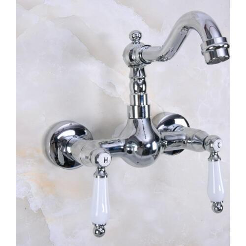 Chrome Brass 360 Rotation Kitchen Sink Faucet Torneira Wall Mounted Crane Double Handle Bathroom Basin Mixer Tap Cold And Hot
