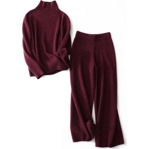 Tow Piece Set for Women Knit 30% Cashmere+70% Wool Two Piece Outfits for Women Turtleneck Pullover +wide Lef Pants