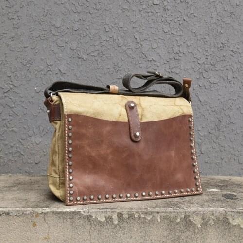 Leather Mens crossbody bag handmade retro shoulder messenger bag rivet canvas with leather casual messenger bag school bag