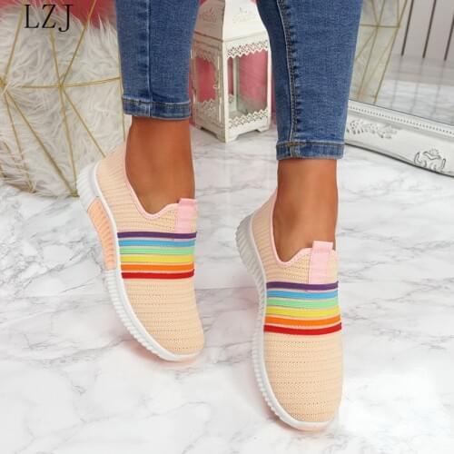 Summer Casual Ladies Shoes Girl 2020 New Fashion Women Sneakers Rainbow Color Knitted Mesh Vulcanize Shoes Leisure Shoes Low-top