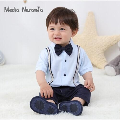 Summer Children Gift Clothing Boy Romper Gentleman Short-Sleeved One-Piece Suit Strap Fake Two-Piece bow tie outfits