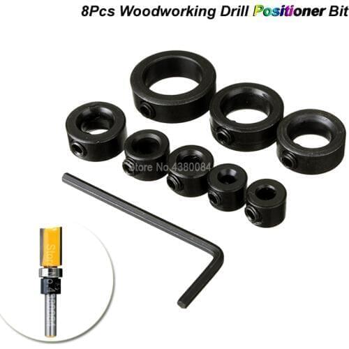 8Pcs Set Woodworking Positioner Drill Locator Depth Stop Collars Ring Dowel Shaft Chuck 3-16mm Additional Wrench Tool Accessory