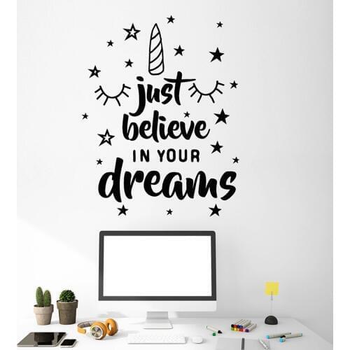 Unicorn Wall Decal Just Believe In Your Dreams Quote Words Stars Teen Room Art Vinyl Stickers Motivational Lettering Mural M257