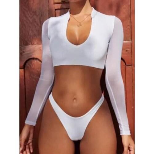 2021 Summer New Solid Color Long-Sleeved Womens Swimwear Sexy Low Waist Two-piece Bikini Beach Push-up Ladies Swimsuit