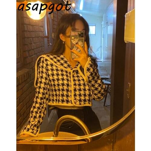 Coats & Jackets Womens Clothing Chic Korean Vintage Long Sleeve Black White Contrast Color Sailor Collar Plaid Jacket Short