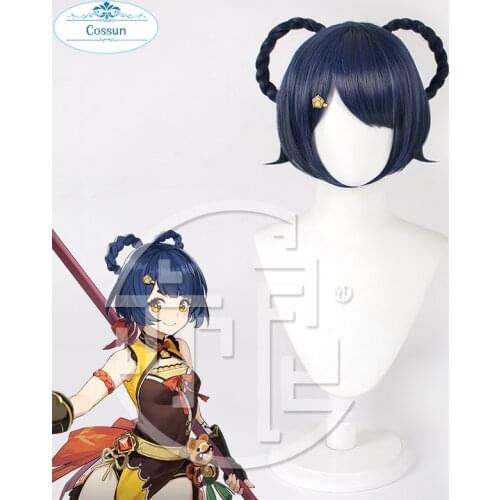Genshin Impact Xiangling Cosplay Christmas Blue Black Wig Cosplay Anime Wigs Heat Resistant Synthetic Wigs Halloween