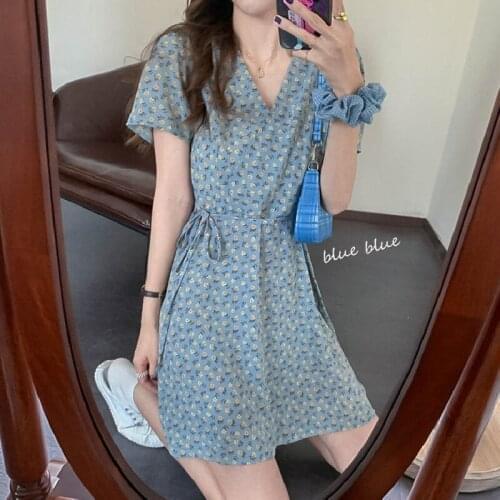 Floral Dress Womens Summer New V-Neck Platycodon Blue A-Line Dress Vestidos Bandage Chiffon Short Sleeve Sundress Holiday Beach