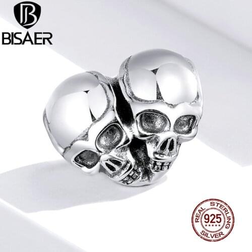 BISAER Skulls Charms 925 Sterling Silver Vintage Heart Skull Bead Pendant DIY Bracelets Necklace Halloween Party Jewelry ECC1519