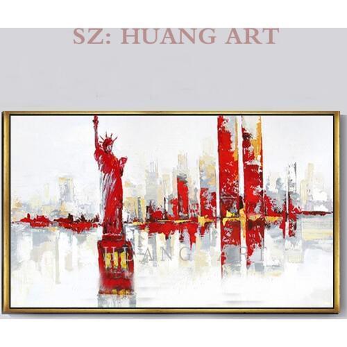 Hand-painted New York skyline urban landscape architecture vivid abstract wall art painting family interior decoration hotel clu