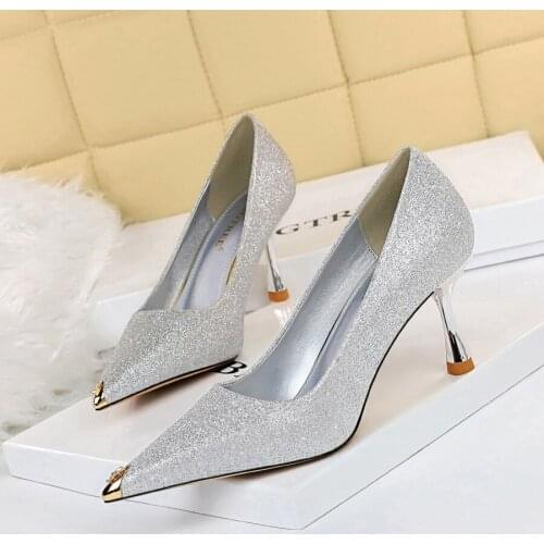 BIGTREE Sequined Cloth Women Pumps Metal tip 7CM Thin High Heels Pointed Toe Party Prom shoes for woman Fashion Office Shoes