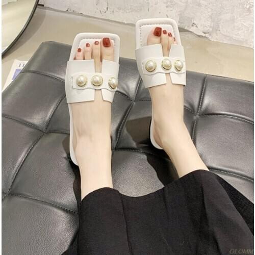 Women Summer Beaded Slippers PU Leather Ladies Vintage Flip Flop Flat With Slide Shoes