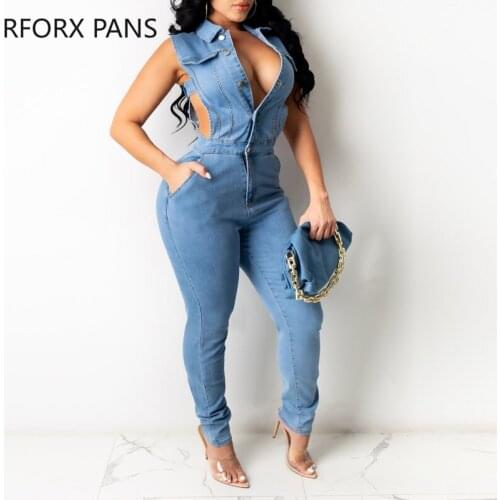 Women Soild Plain Sleeveless Skinny Jeans Hollow-out Jumpsuit